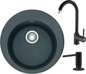 Set chiuveta bucatarie compozit Franke Rotondo 51 cm finisaj negru mat cu dozator detergent si baterie Pola