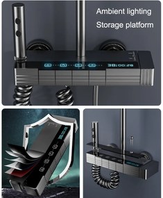 Coloană de duș termostat, afișaj digital, lumină LED ambientală, 4 funcții, butoane ca de pian, cap duș dreptunghiular, efect de ploaie, înălțime reglabilă, montare pe perete, Negru, SS02