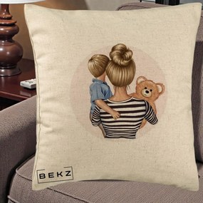 Cadou pentru Mama - Perna Personalizata Mama si Baietelul cu Ursulet, 40x40 cm, Bej, Husa Detasabila, Perna Inclusa, BEKZ®