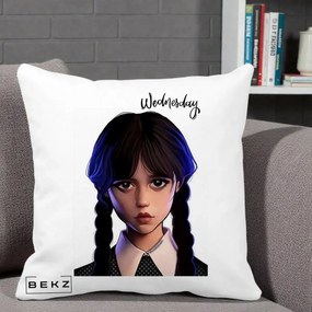 Perna Personalizata Wednesday Addams Portret Realist, 40x40 cm, Alba Mata, Husa Detasabila, Perna Inclusa, BEKZ®