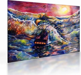 Tablou pe sticlă - Navă pe valurile oceanului, aquarelă (70x50 cm)