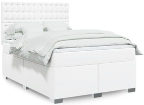 vidaXL Pat box spring cu saltea, alb, 140x190 cm, piele ecologică