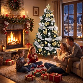 HOMCOM Brad de Crăciun 180cm cu 200 LED-uri Alb Cald, 8 Moduri, 800 Ramuri Ignifuge, Globuri, Panglici, Funde | Aosom Romania