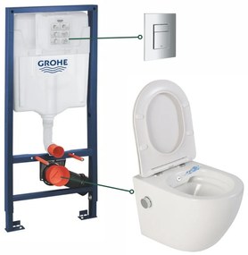 Set vas wc suspendat cu functie bideu alb si baterie inclusa crom Foglia Oslo, rezervor wc incastrat si clapeta crom, Grohe