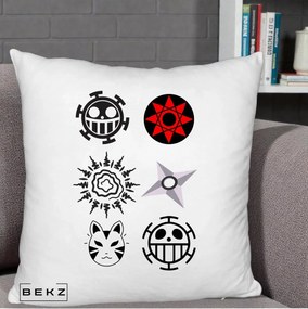Perna Personalizata Simboluri Anime Mix - Naruto One Piece, 40x40 cm, Alb Pufos, Husa Detasabila, Perna Inclusa, BEKZ®