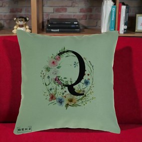 Cadou Personalizat - Perna Personalizata Monogram Litera Q cu Flori Acuarela, 40x40 cm, Verde, Husa Detasabila, Perna Inclusa, BEKZ®