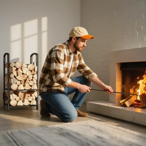 Outsunny Caseta pentru Lemne cu Set Unelte pentru Semineu in Otel Negru 40 x 30 x 74.5 cm