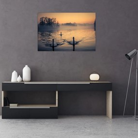 Tablou cu lebăde pe apă în ceață (90x60 cm)