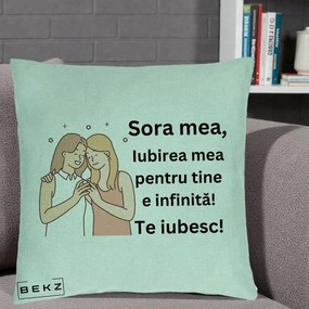 Cadou pentru Sora - Perna Personalizata Sora Mea Te Iubesc Imbratisare cu Sclipiri, 40x40 cm, Verde Menta, Husa Detasabila, Perna Inclusa, BEKZ®