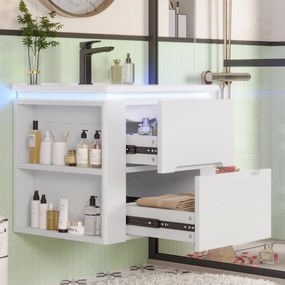 Dulap de baie suspendat cu iluminare LED cu senzor radar, două sertare și rafturi laterale, 61x46x50 cm, Alb