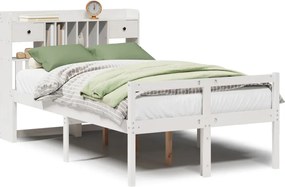vidaXL Pat cu bibliotecă fără saltea, alb, 135x190 cm, lemn masiv pin