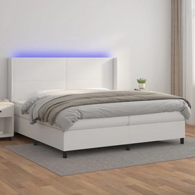 vidaXL Pat cu arcuri, cu saltea și LED, alb, 200x200 cm, piele eco