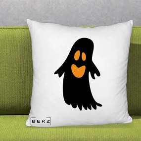 Perna Decorativa Halloween Fantoma Neagra cu Ochi Portocalii, 40x40 cm, Alb Pufos, Husa Detasabila, Perna Inclusa, BEKZ®
