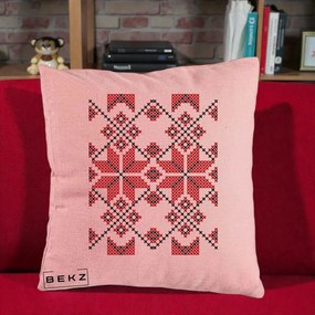 Perna Personalizata Motiv Traditional Cusatura Rosu-Negru, 40x40 cm, Roz, Husa Detasabila, Perna Inclusa, BEKZ®