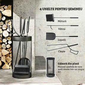 Outsunny Set Accesorii Șemineu 5 Piese Metal cu Coș Mătură Lopată Clești Negru | Aosom Romania