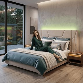 Pat cu somieră şi iluminare LED, 160x200, ţesătură Velvet bej, ALTESA
