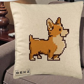 Perna Personalizata Corgi Pixel Art, 40x40 cm, Bej, Husa Detasabila, Perna Inclusa, BEKZ®