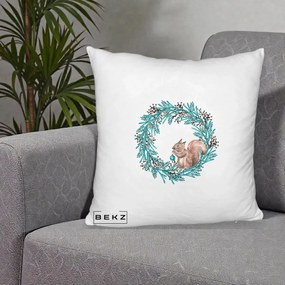 Perna Decorativa Coroana Turcoaz cu Veverita, 40x40 cm, Alb Pufos, Husa Detasabila, Perna Inclusa, BEKZ®