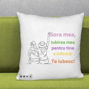 Cadou pentru Sora - Perna Personalizata Sora Mea Te Iubesc Doua Fete cu Palarie si Umbrela, 40x40 cm, Alb Pufos, Husa Detasabila, Perna Inclusa, BEKZ®
