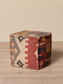 Puf kilim cubic din bumbac și lână, multicolor, cu modele diferite pe fiecare față, 45,5 x 45,5 x 45,5 cm, „Tikana”