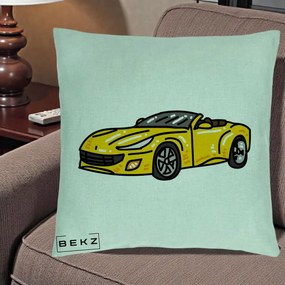Perna Personalizata Masina Cabriolet Galbena Grafic, 40x40 cm, Verde Menta, Husa Detasabila, Perna Inclusa, BEKZ®