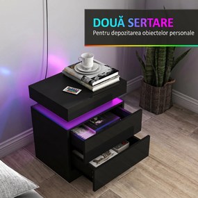 HOMCOM Set 2 Noptiere cu LED și 4 Moduri, 2 Sertare, Lemn, 45x35x52 cm, Negru Lucios | Aosom Romania