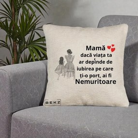 Cadou pentru Mama - Perna Personalizata Mama Nemuritoare Line Art, 40x40 cm, Bej Canapea, Husa Detasabila, Perna Inclusa, BEKZ®
