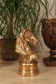 Statuetă decorativă din polirășină, auriu, două capete de cal pe soclu rotund, finisaj antichizat, 26,5 x 14 x 12 cm, „Tendresse”