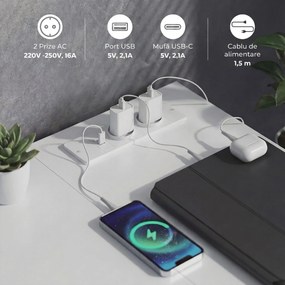 HOMCOM Birou de Colț Reversibil cu Prize și Porturi USB, 126x48 cm, Birou în Formă de L cu 6 Sertare din Material Textil, Cârlig Lateral, pentru Computer, Birou, Cameră, Alb | Aosom Romania