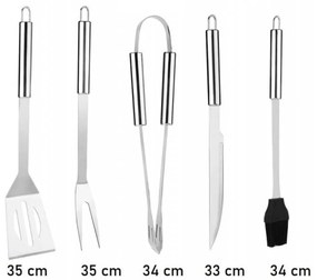 Set 5 ustensile gratar din inox HouseXL BBQ, Cu geanta transport inclusa, Cleste, Spatula, Furculita, Cutit si Perie gratar