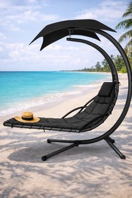 Șezlong suspendat din oțel, cu pernă încorporată, baldachin detașabil, Negru