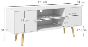 HOMCOM Cabinet TV 55" cu 2 Dulapuri, Uși și 2 Rafturi Deschise, Consolă TV din Lemn și PAL, 120x34x50 cm, Alb | Aosom Romania