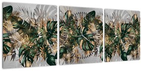 Tablou - Frunze tropicale, Galben - auriu (cu ceas) (90x30 cm)