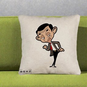 Perna Personalizata Mr. Bean Caricatura, 40x40 cm, Bej Canapea, Husa Detasabila, Perna Inclusa, BEKZ®
