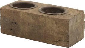 Suport lumânare din lemn reciclat și metal, lucrat manual, natural, cu 2 compartimente, 6x12x6 cm, „Grimaud"