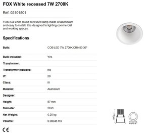 Spot LED dimabil / incastrabil tavan / plafon FOX alb 7W