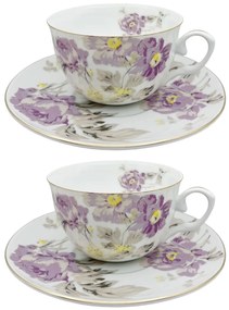 Set portelan fin, 2 Cesti si farfurii Violette, 180ml