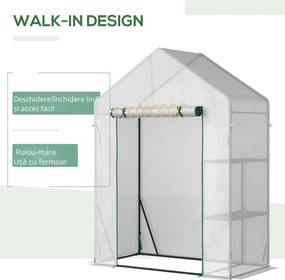 Outsunny Sera pentru Gradina din Otel, Sera pentru Plante, legume, fructe cu 2 Rafturi si Usa tip Rulou, Alb | Aosom Romania