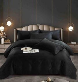 Lenjerie pat dublu, damasc finetat Deluxe, 6 piese, cearceaf pat cu elastic - Negru