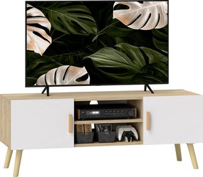 HOMCOM Comodă TV din lemn pentru televizor până la 127 cm cu rafturi, 2 dulapuri și orificii pentru cabluri, stejar | Aosom Romania