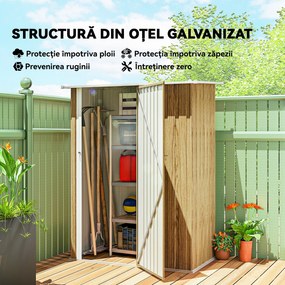 Outsunny Căsuță pentru Grădină 1.07m² din Oțel Galvanizat, Căsuță pentru Unelte cu Ușă Blocabilă, Acoperiș Înclinat, 142x86x189 cm, Imitatie Lemn | Aosom Romania