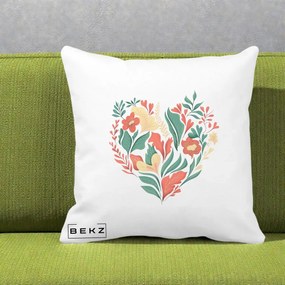 Perna Decorativa Inima Florala Botanica, 40x40 cm, Alba Mata, Husa Detasabila, Perna Inclusa, BEKZ®