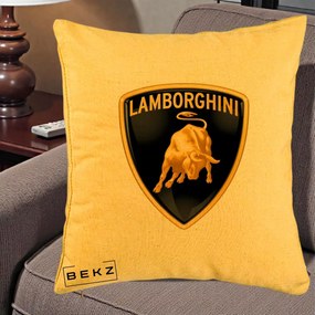 Perna Personalizata cu emblema Lamborghini, 40x40 cm, Galben, Husa Detasabila, Perna Inclusa, BEKZ®
