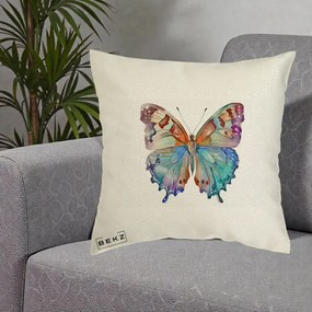 Perna Decorativa Fluture Acuarela Multicolor Portocaliu-Bleu-Mov, 40x40 cm, Ecru, Husa Detasabila, Perna Inclusa, BEKZ®