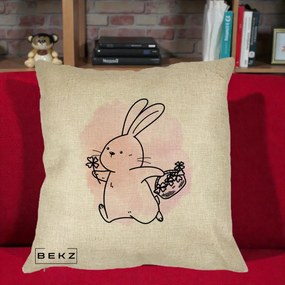 Perna Decorativa Iepuras Kawaii cu Cosulet Floral, 40x40 cm, Crem, Husa Detasabila, Perna Inclusa, BEKZ®