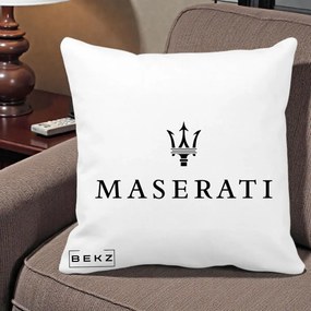 Perna Personalizata cu emblema Maserati, 40x40 cm, Alba Mata, Husa Detasabila, Perna Inclusa, BEKZ®