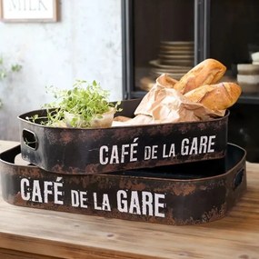 Set 2 tavi din metal cu patina vintage, "Cafe de la Gare"
