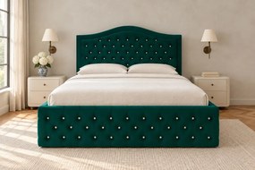 Pat tapițat Chesterfield din catifea Solaria Deluxe Cristal 140×200 cm, verde, cu ladă de depozitare