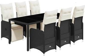 vidaXL Set bistro de grădină, 7 piese, cu perne, negru, poliratan