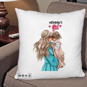 Cadou pentru Mama - Perna Personalizata Mommy's Girl Mama si Fetita, 40x40 cm, Alb Pufos, Husa Detasabila, Perna Inclusa, BEKZ®